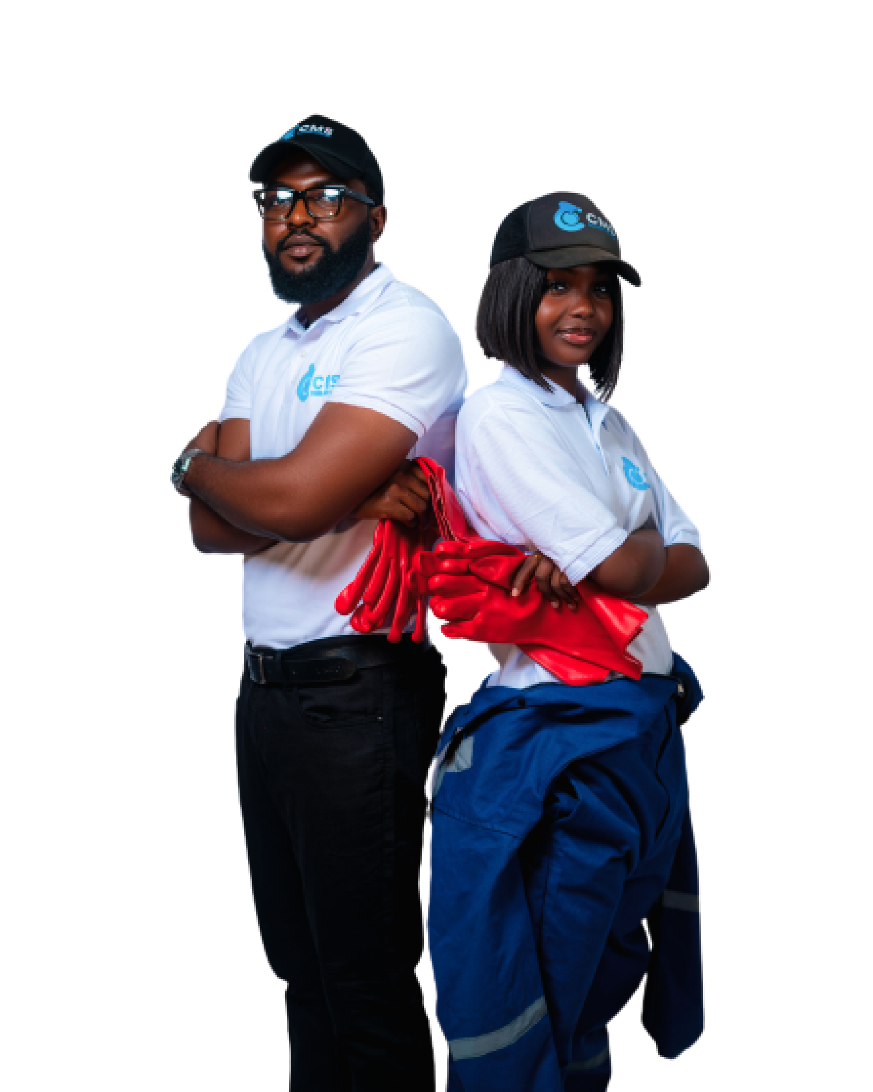 Two cleaning workers from Clean My Space Ltd are standing back-to-back, wearing gloves and ready for work in an on-demand cleaning service.